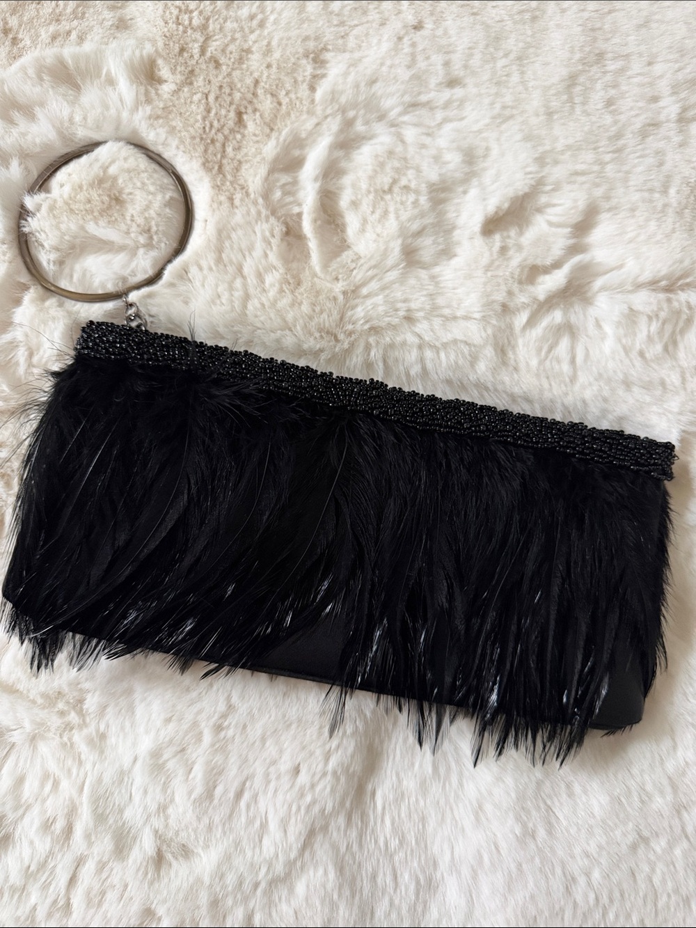 La Regale Black Feather Beaded Wristlet Clutch
